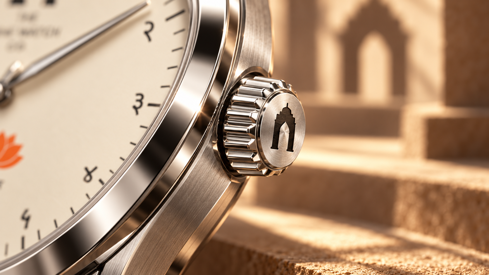 Macro of the watch crown engraved with the Pune Arch